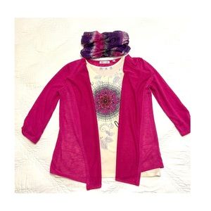 ZOEY GIRL CARDIGAN + TANK SHIRT + SCARF TOP SET